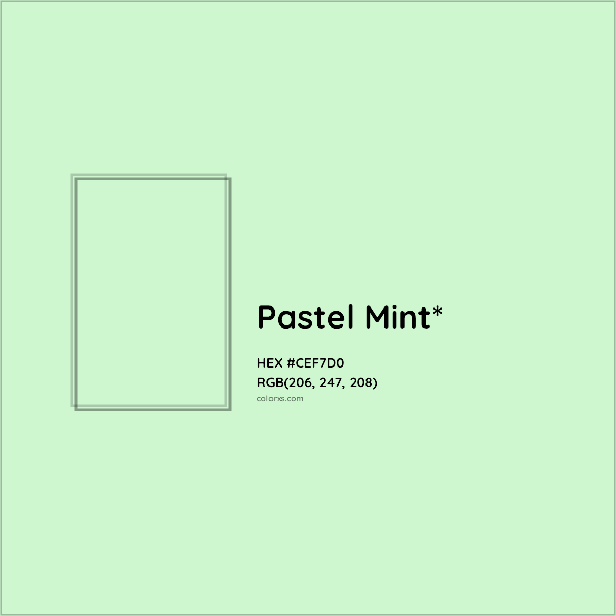 #CEF7D0 hex color. RGB, RYB, CMYK, HSL, HSV codes and color conversions. Matching color names, palettes, paints.