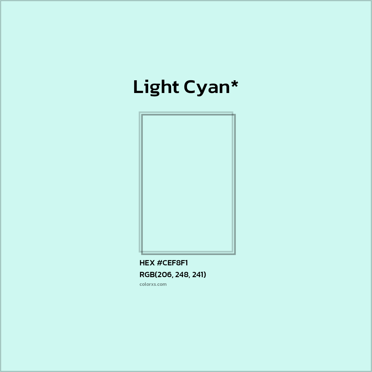 #CEF8F1 hex color. RGB, RYB, CMYK, HSL, HSV codes and color conversions. Matching color names, palettes, paints.