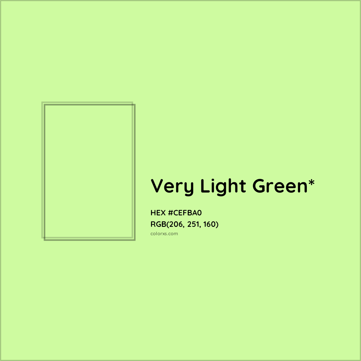 #CEFBA0 hex color. RGB, RYB, CMYK, HSL, HSV codes and color conversions. Matching color names, palettes, paints.