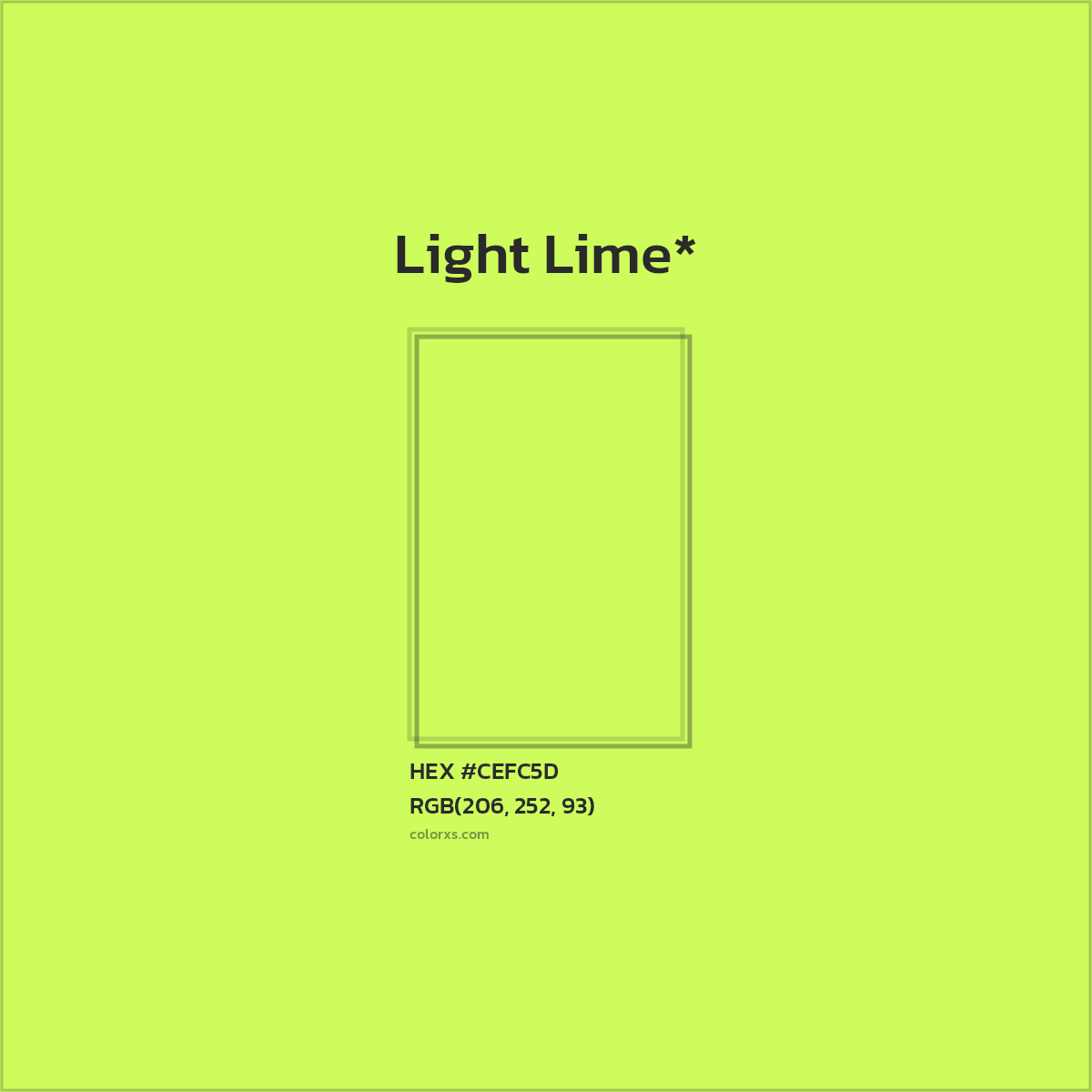 #CEFC5D hex color. RGB, RYB, CMYK, HSL, HSV codes and color conversions. Matching color names, palettes, paints.
