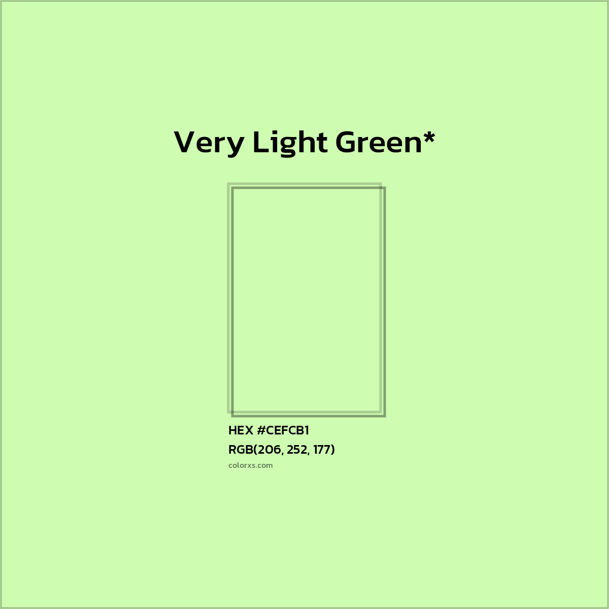 #CEFCB1 hex color. RGB, RYB, CMYK, HSL, HSV codes and color conversions. Matching color names, palettes, paints.