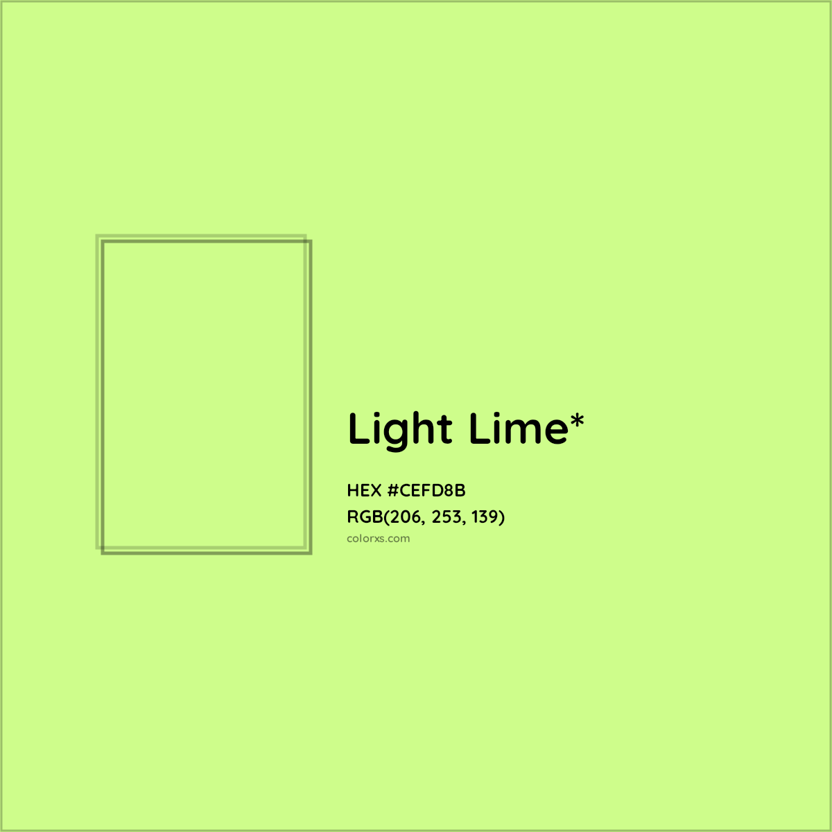 #CEFD8B hex color. RGB, RYB, CMYK, HSL, HSV codes and color conversions. Matching color names, palettes, paints.