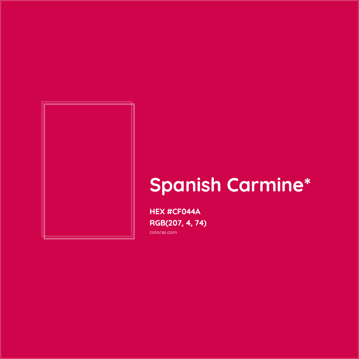 #CF044A hex color. RGB, RYB, CMYK, HSL, HSV codes and color conversions. Matching color names, palettes, paints.