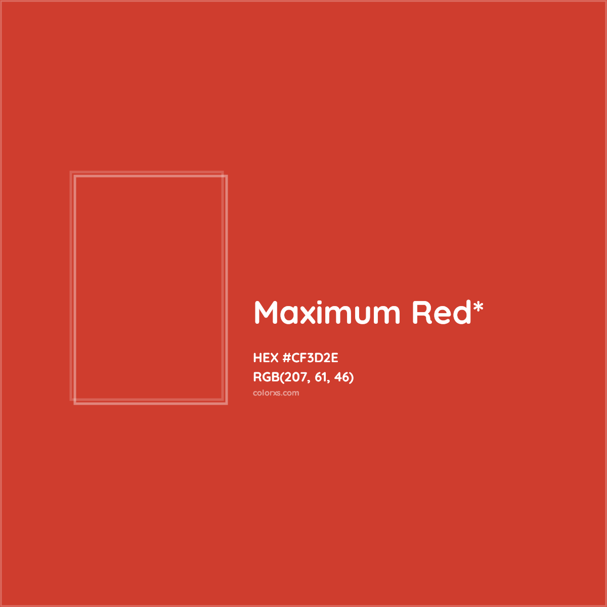 #CF3D2E hex color. RGB, RYB, CMYK, HSL, HSV codes and color conversions. Matching color names, palettes, paints.