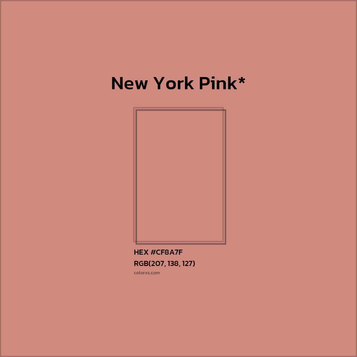 #CF8A7F hex color. RGB, RYB, CMYK, HSL, HSV codes and color conversions. Matching color names, palettes, paints.