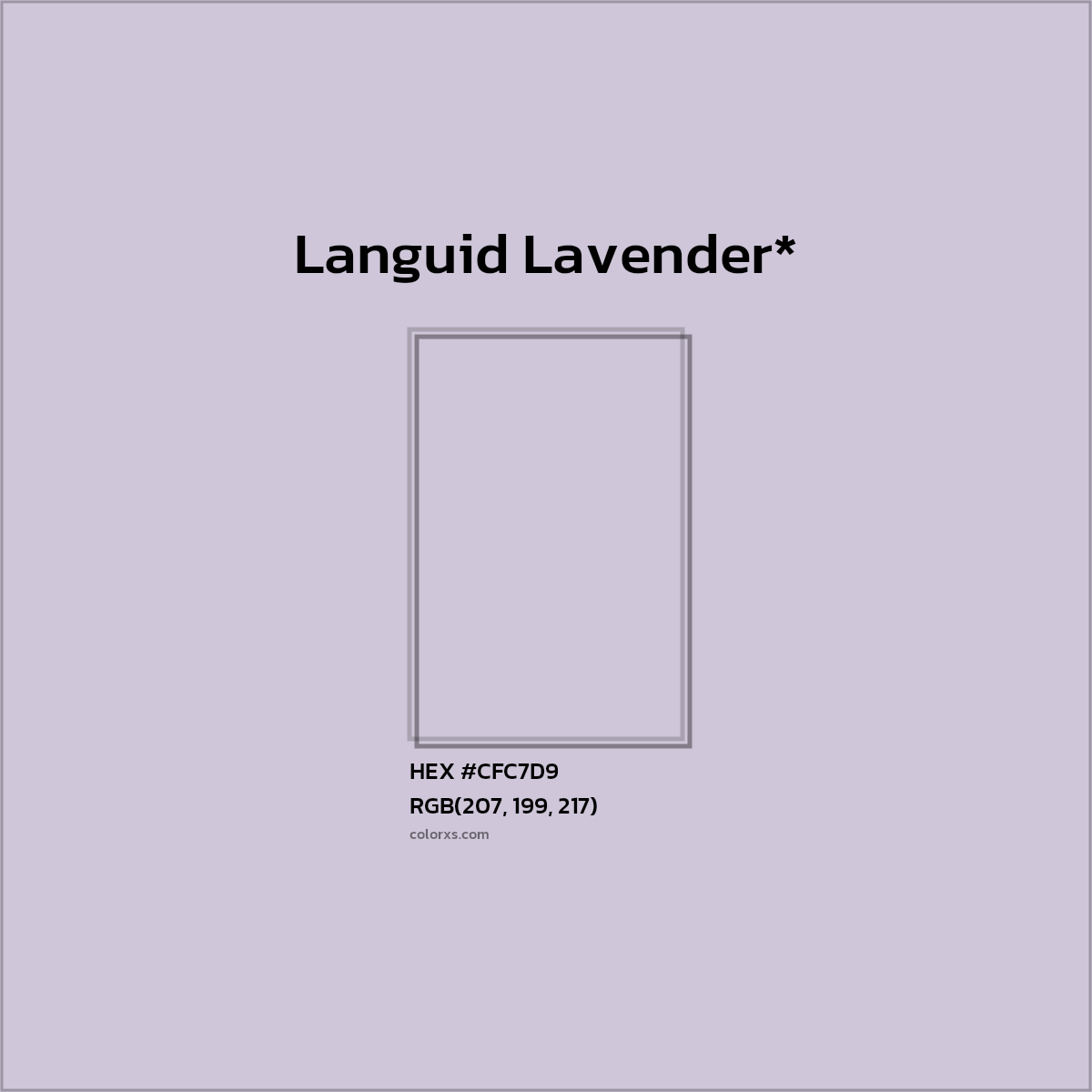 #CFC7D9 hex color. RGB, RYB, CMYK, HSL, HSV codes and color conversions. Matching color names, palettes, paints.