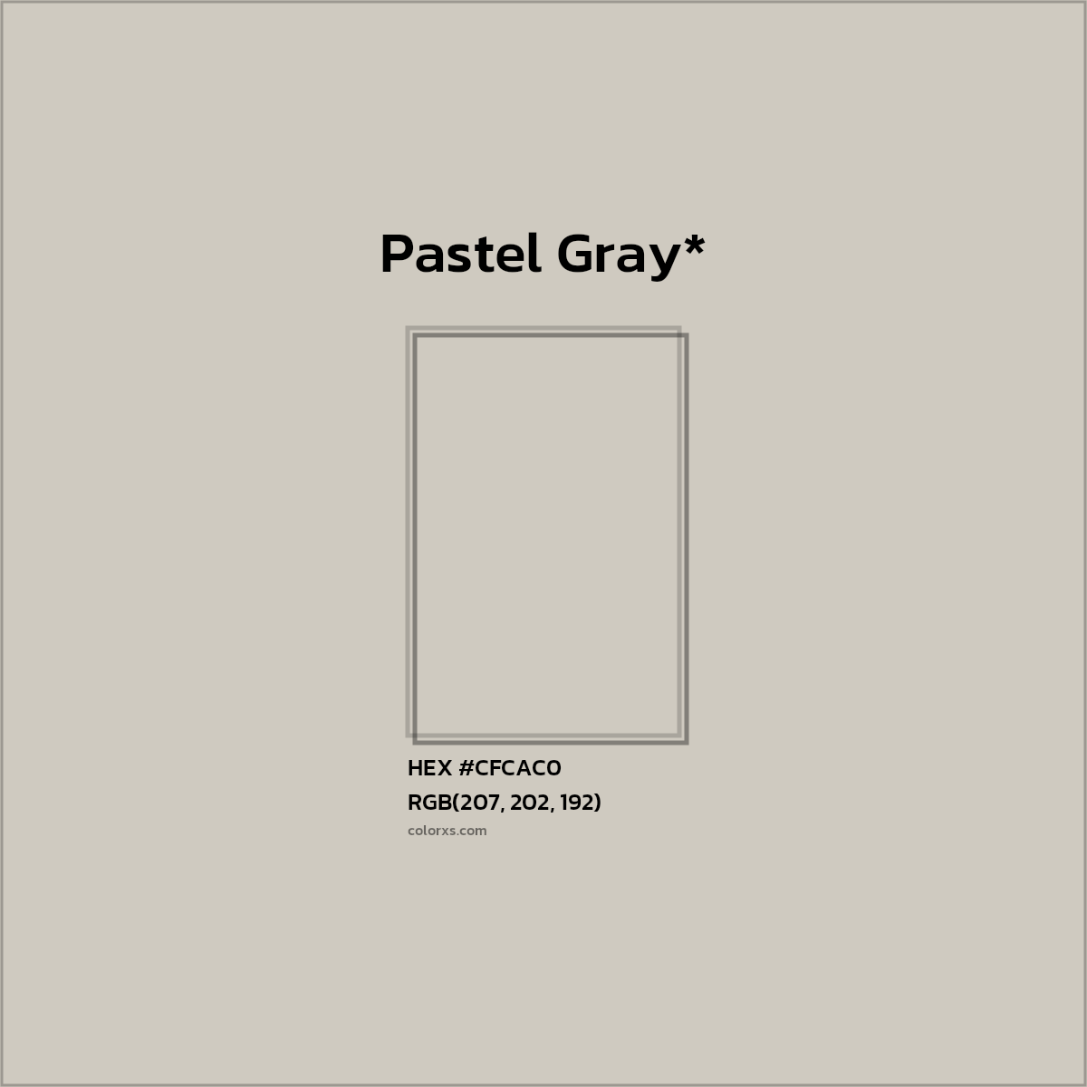#CFCAC0 hex color. RGB, RYB, CMYK, HSL, HSV codes and color conversions. Matching color names, palettes, paints.