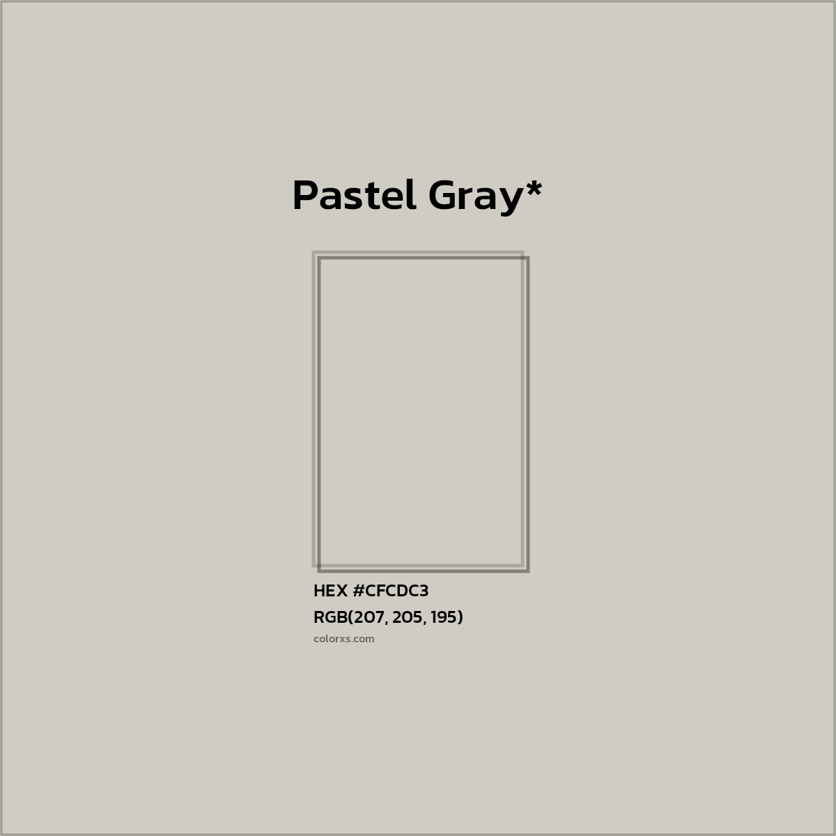#CFCDC3 hex color. RGB, RYB, CMYK, HSL, HSV codes and color conversions. Matching color names, palettes, paints.