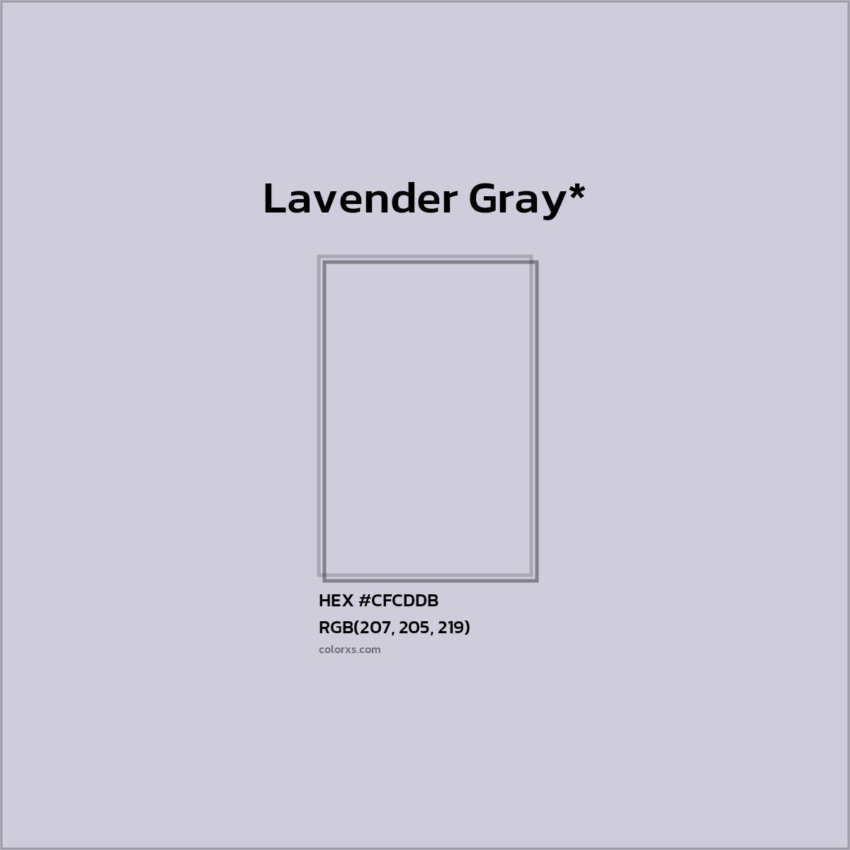 #CFCDDB hex color. RGB, RYB, CMYK, HSL, HSV codes and color conversions. Matching color names, palettes, paints.