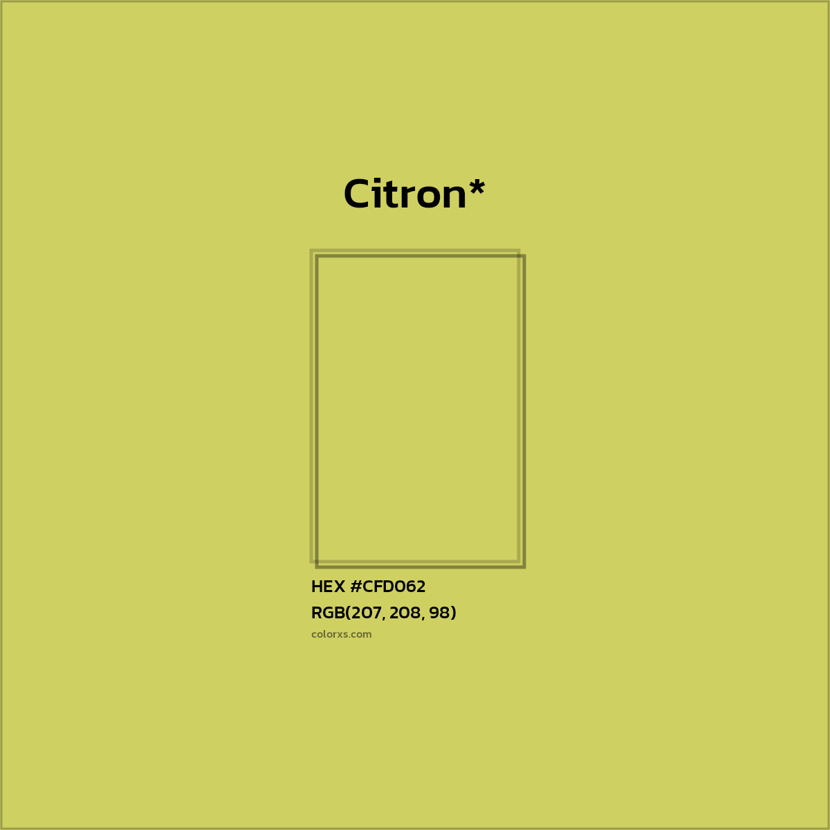 #CFD062 hex color. RGB, RYB, CMYK, HSL, HSV codes and color conversions. Matching color names, palettes, paints.