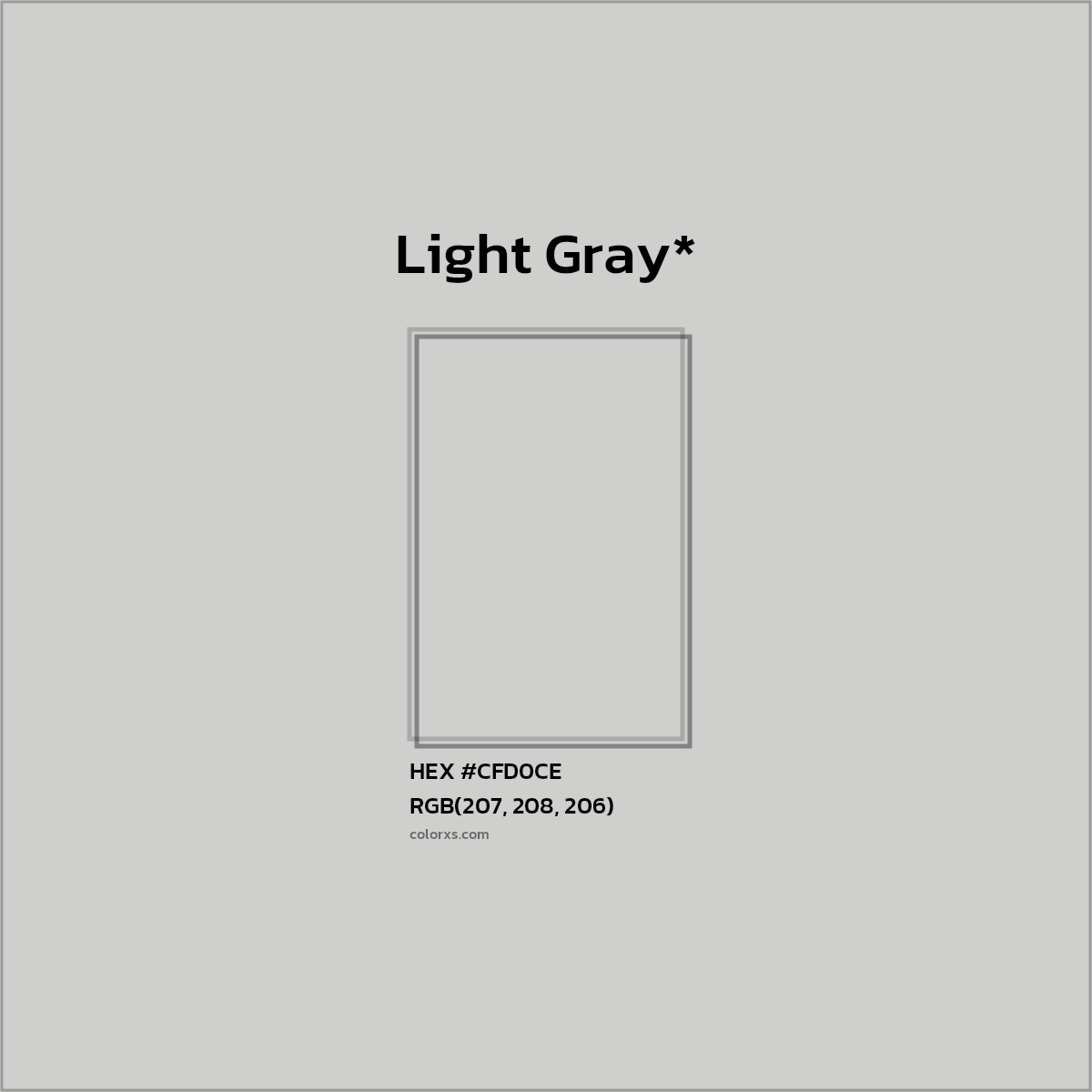 #CFD0CE hex color. RGB, RYB, CMYK, HSL, HSV codes and color conversions. Matching color names, palettes, paints.