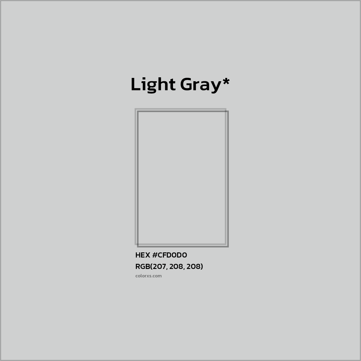 #CFD0D0 hex color. RGB, RYB, CMYK, HSL, HSV codes and color conversions. Matching color names, palettes, paints.