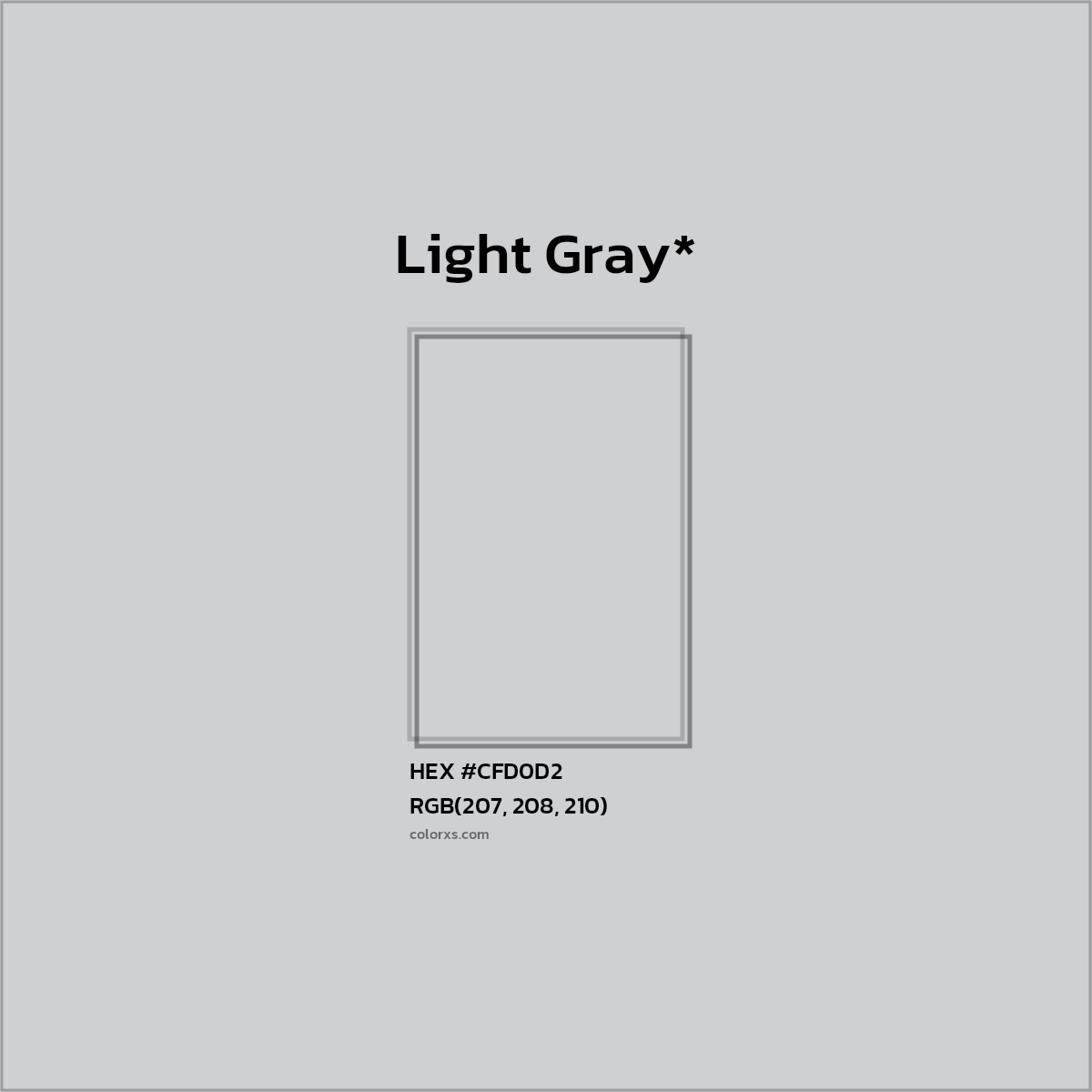 #CFD0D2 hex color. RGB, RYB, CMYK, HSL, HSV codes and color conversions. Matching color names, palettes, paints.