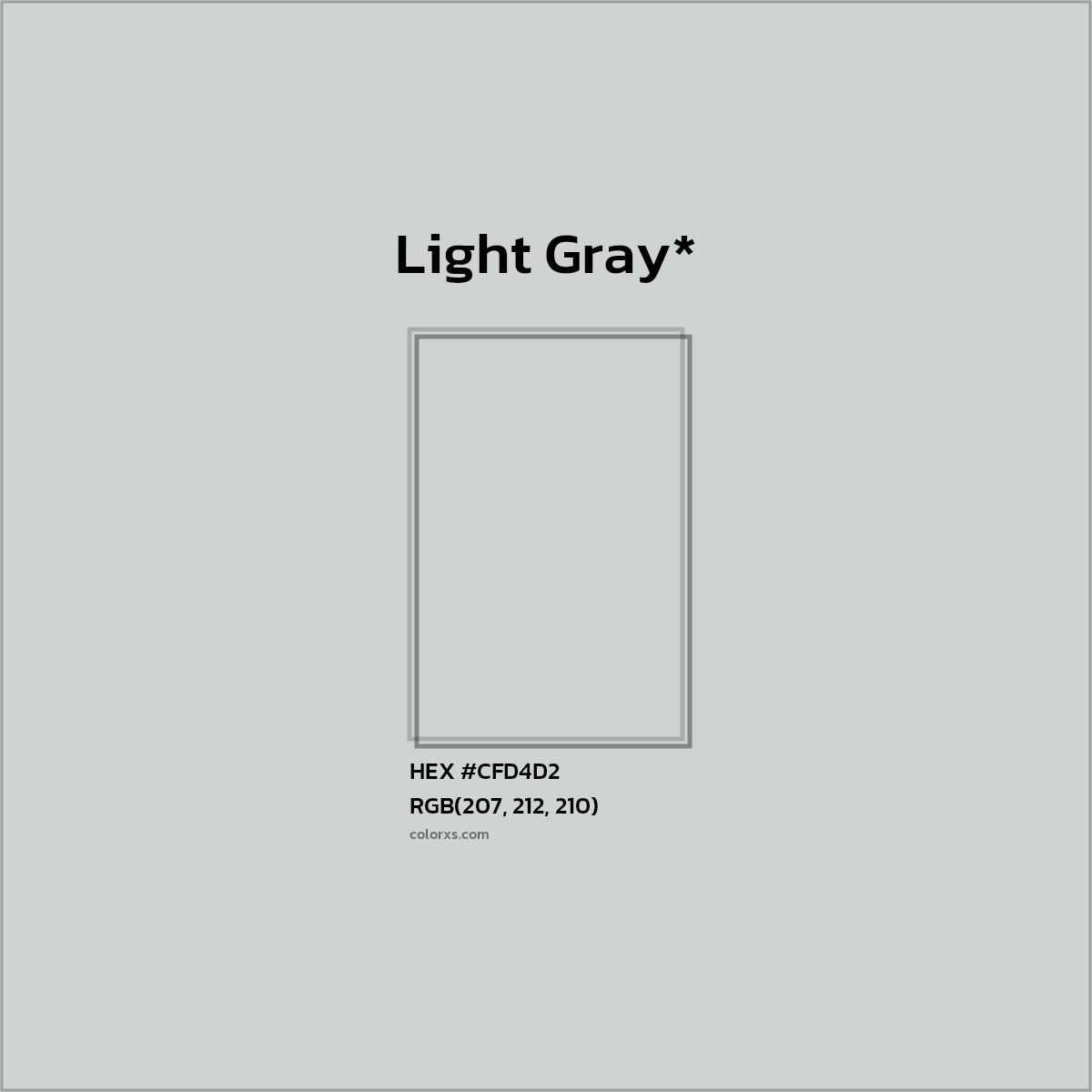 #CFD4D2 hex color. RGB, RYB, CMYK, HSL, HSV codes and color conversions. Matching color names, palettes, paints.