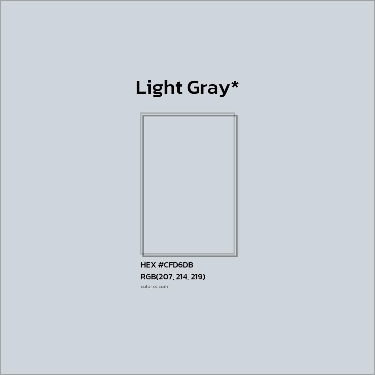 #CFD6DB hex color. RGB, RYB, CMYK, HSL, HSV codes and color conversions. Matching color names, palettes, paints.