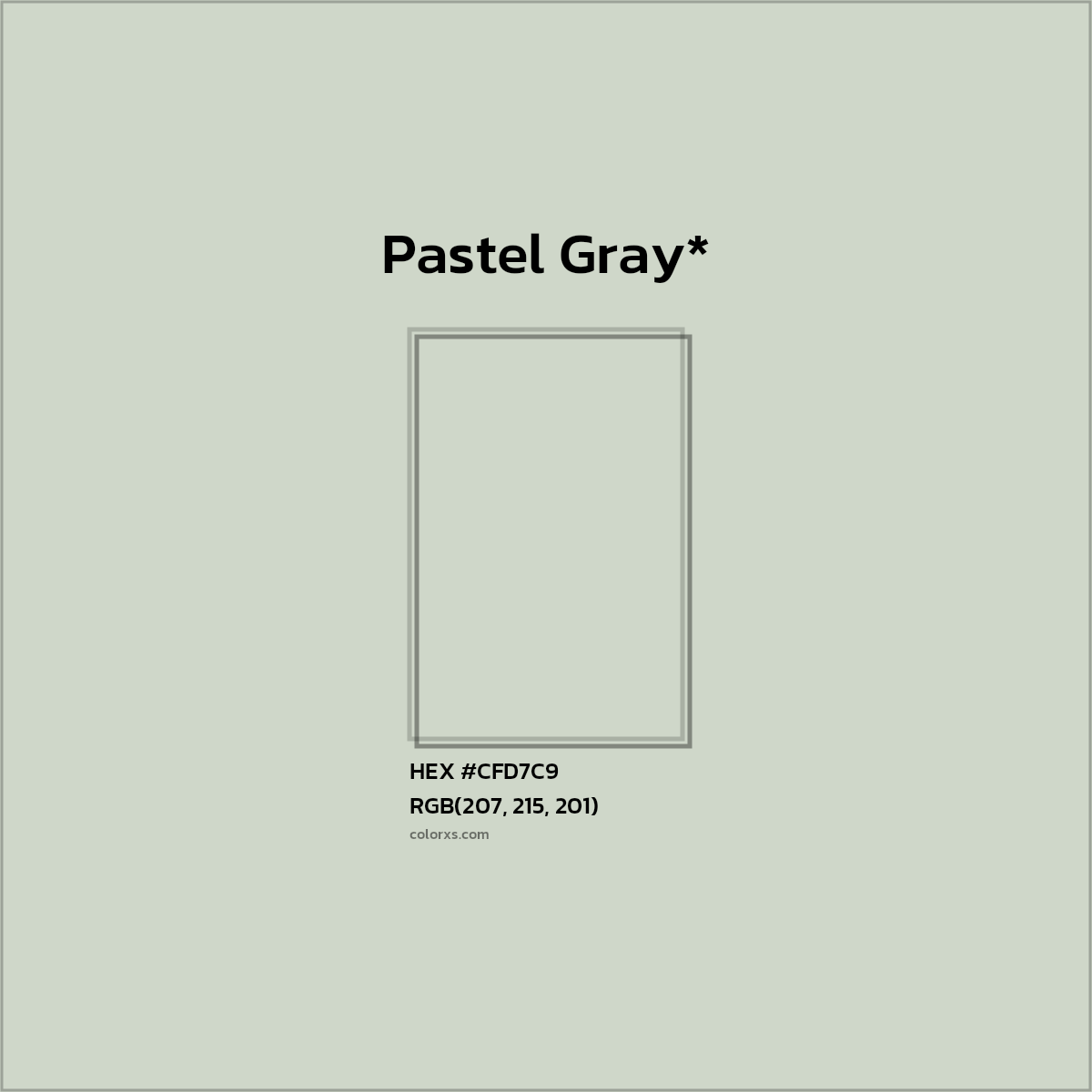 #CFD7C9 hex color. RGB, RYB, CMYK, HSL, HSV codes and color conversions. Matching color names, palettes, paints.