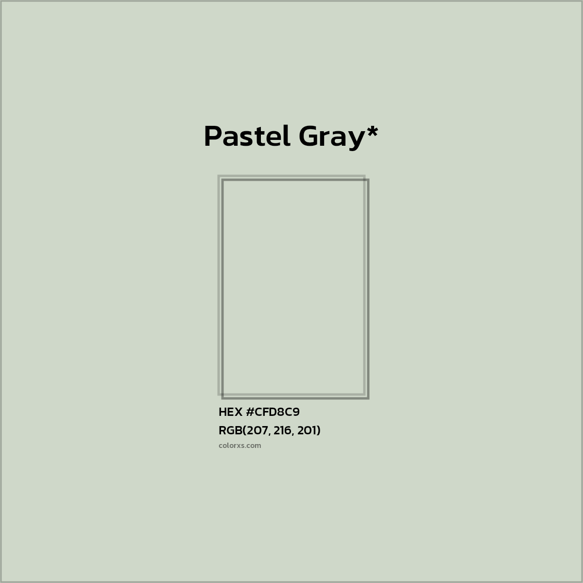 #CFD8C9 hex color. RGB, RYB, CMYK, HSL, HSV codes and color conversions. Matching color names, palettes, paints.