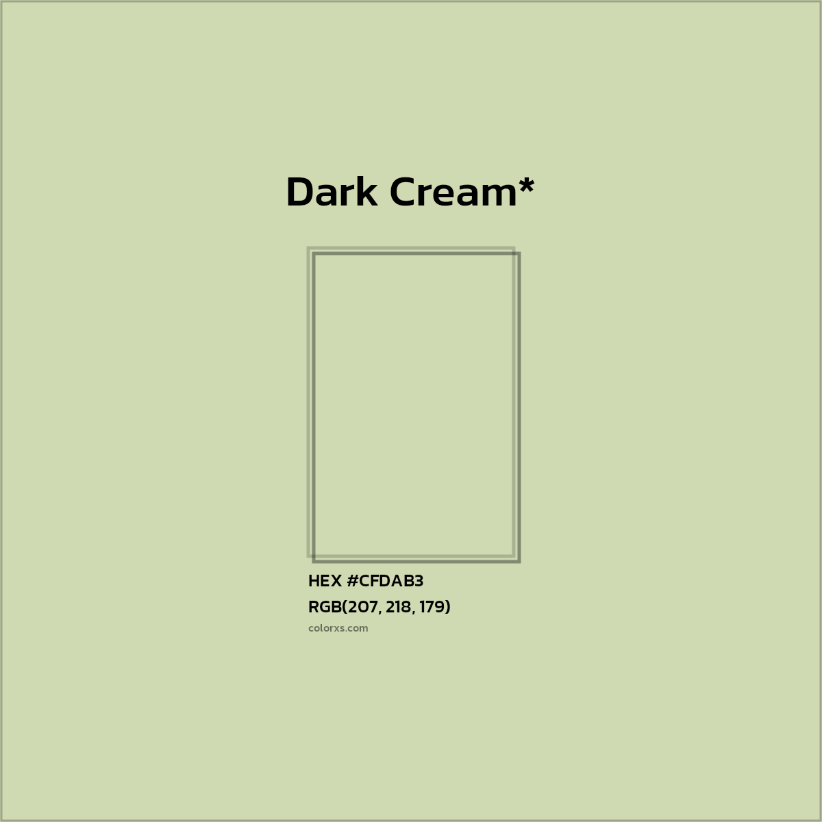#CFDAB3 hex color. RGB, RYB, CMYK, HSL, HSV codes and color conversions. Matching color names, palettes, paints.