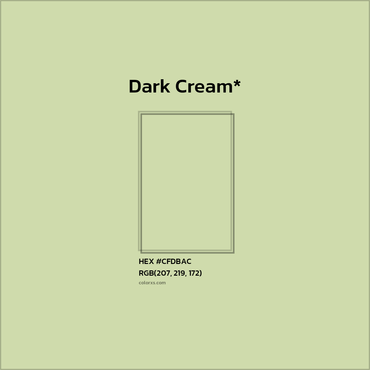 #CFDBAC hex color. RGB, RYB, CMYK, HSL, HSV codes and color conversions. Matching color names, palettes, paints.