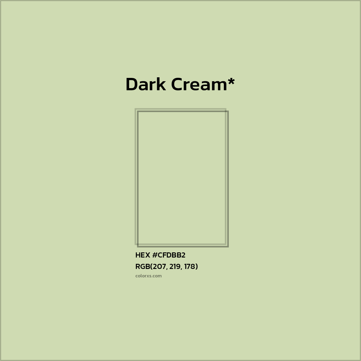 #CFDBB2 hex color. RGB, RYB, CMYK, HSL, HSV codes and color conversions. Matching color names, palettes, paints.