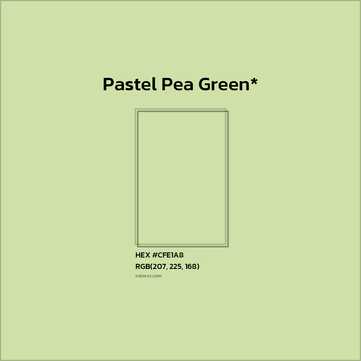 #CFE1A8 hex color. RGB, RYB, CMYK, HSL, HSV codes and color conversions. Matching color names, palettes, paints.