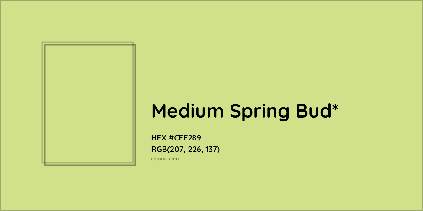 #CFE289 hex color. RGB, RYB, CMYK, HSL, HSV codes and color conversions. Matching color names, palettes, paints.