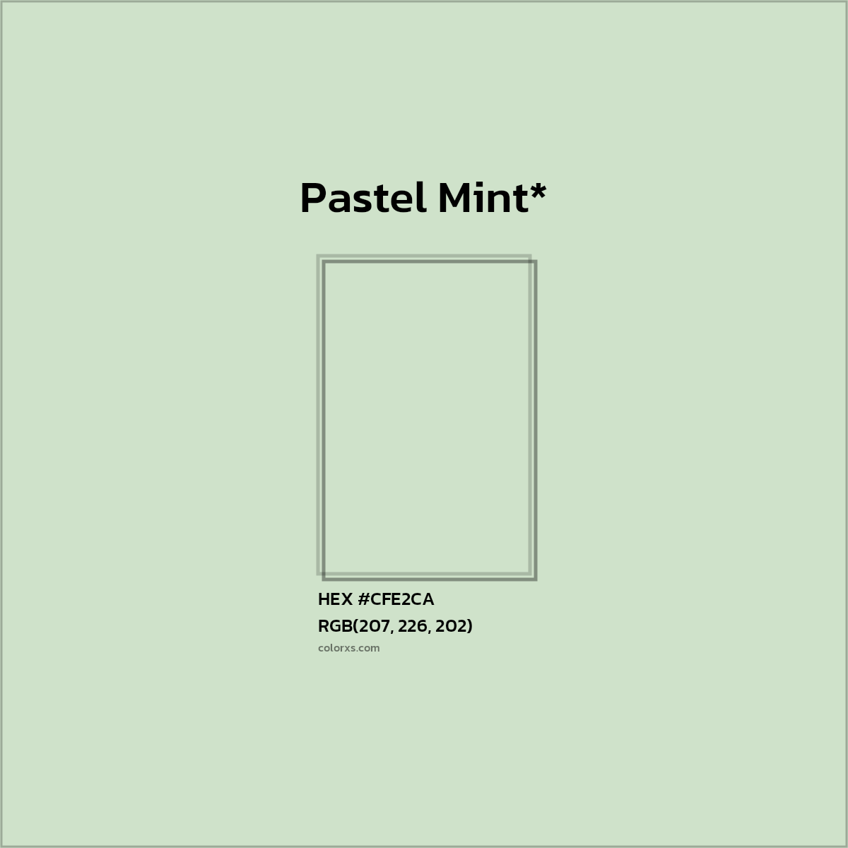 #CFE2CA hex color. RGB, RYB, CMYK, HSL, HSV codes and color conversions. Matching color names, palettes, paints.