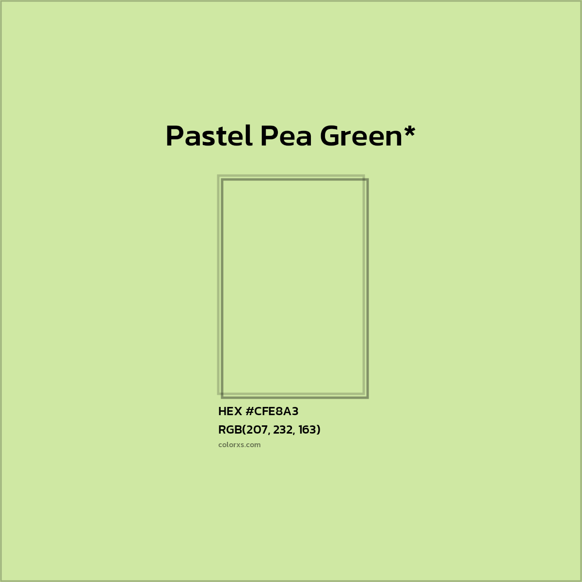 #CFE8A3 hex color. RGB, RYB, CMYK, HSL, HSV codes and color conversions. Matching color names, palettes, paints.