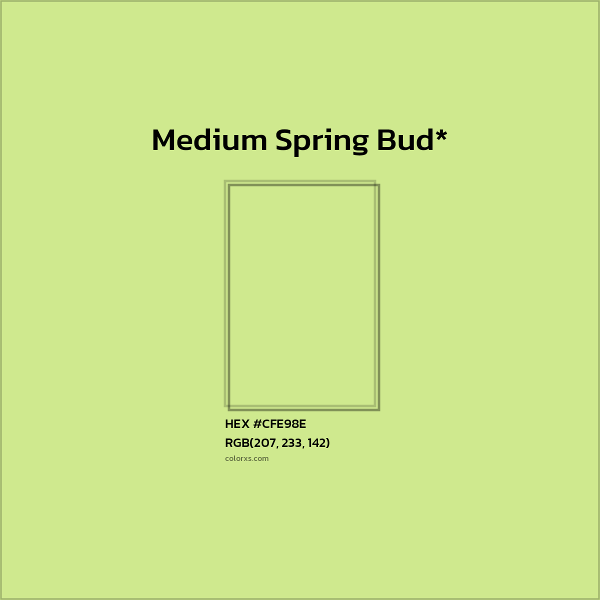 #CFE98E hex color. RGB, RYB, CMYK, HSL, HSV codes and color conversions. Matching color names, palettes, paints.