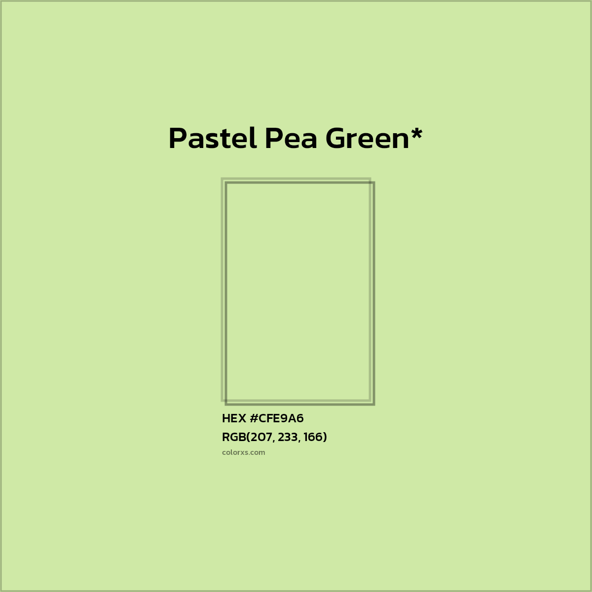 #CFE9A6 hex color. RGB, RYB, CMYK, HSL, HSV codes and color conversions. Matching color names, palettes, paints.