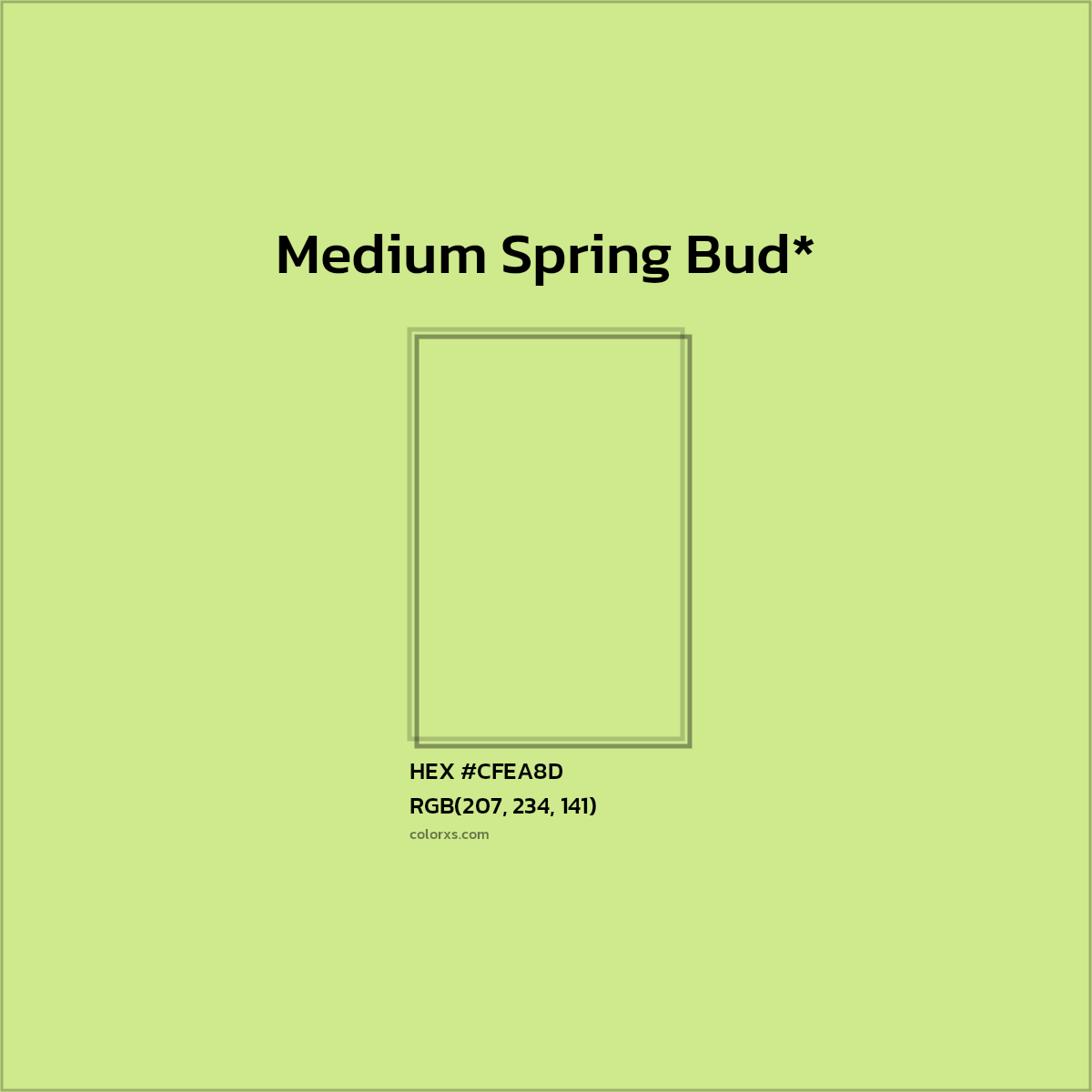 #CFEA8D hex color. RGB, RYB, CMYK, HSL, HSV codes and color conversions. Matching color names, palettes, paints.