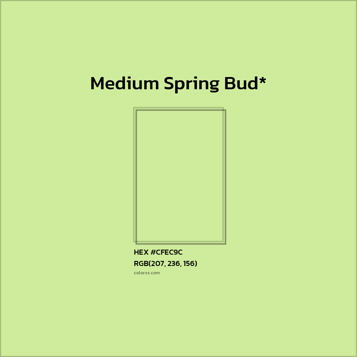 #CFEC9C hex color. RGB, RYB, CMYK, HSL, HSV codes and color conversions. Matching color names, palettes, paints.