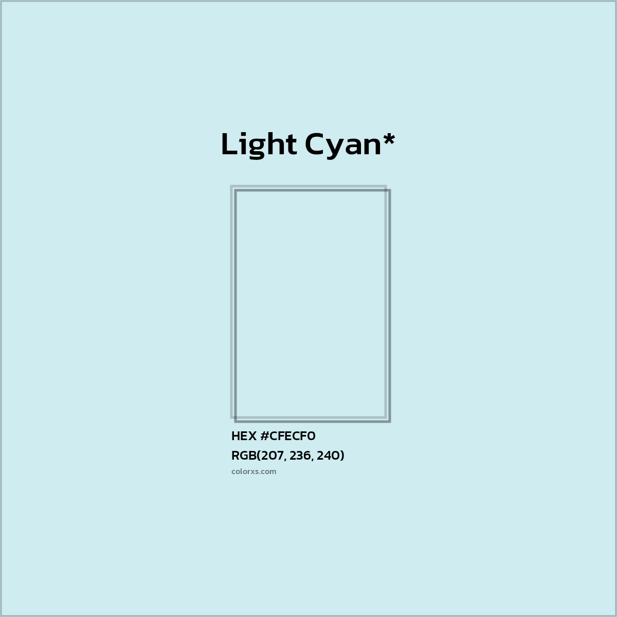 #CFECF0 hex color. RGB, RYB, CMYK, HSL, HSV codes and color conversions. Matching color names, palettes, paints.