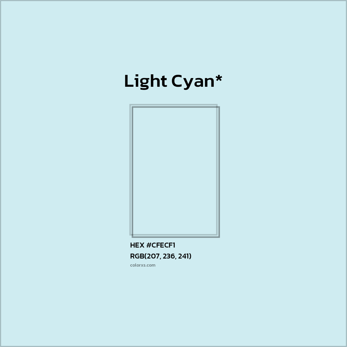 #CFECF1 hex color. RGB, RYB, CMYK, HSL, HSV codes and color conversions. Matching color names, palettes, paints.