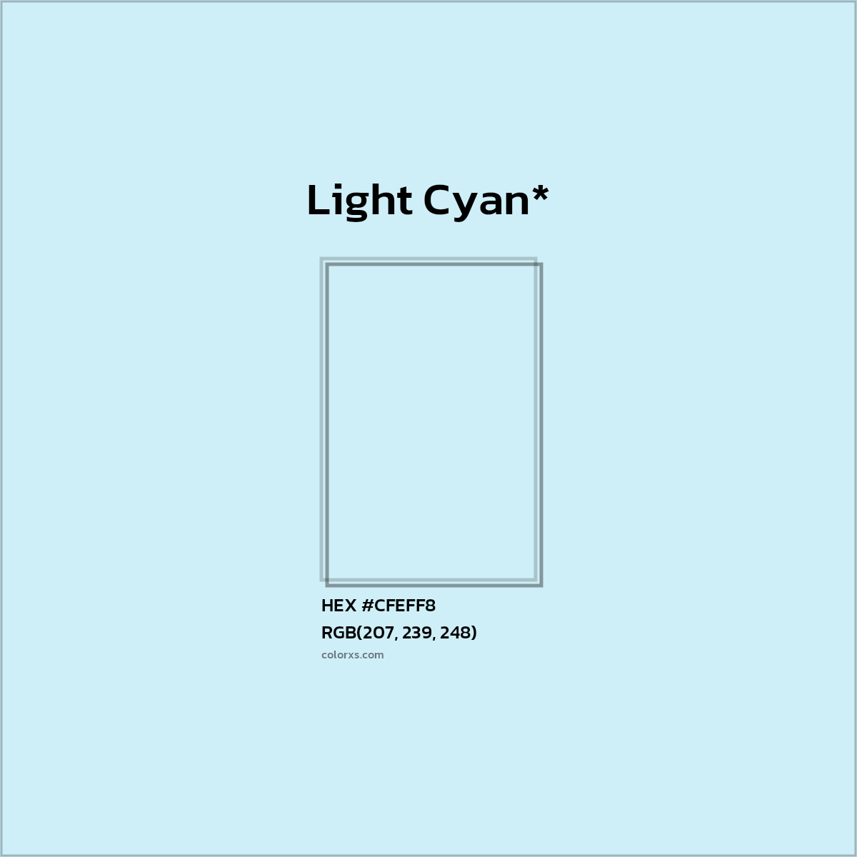 #CFEFF8 hex color. RGB, RYB, CMYK, HSL, HSV codes and color conversions. Matching color names, palettes, paints.