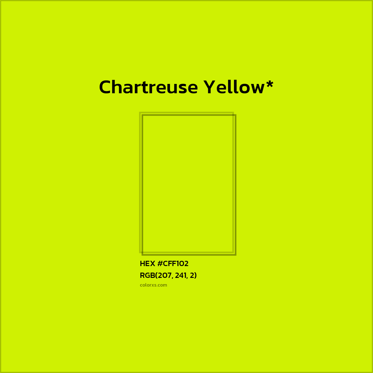 #CFF102 hex color. RGB, RYB, CMYK, HSL, HSV codes and color conversions. Matching color names, palettes, paints.