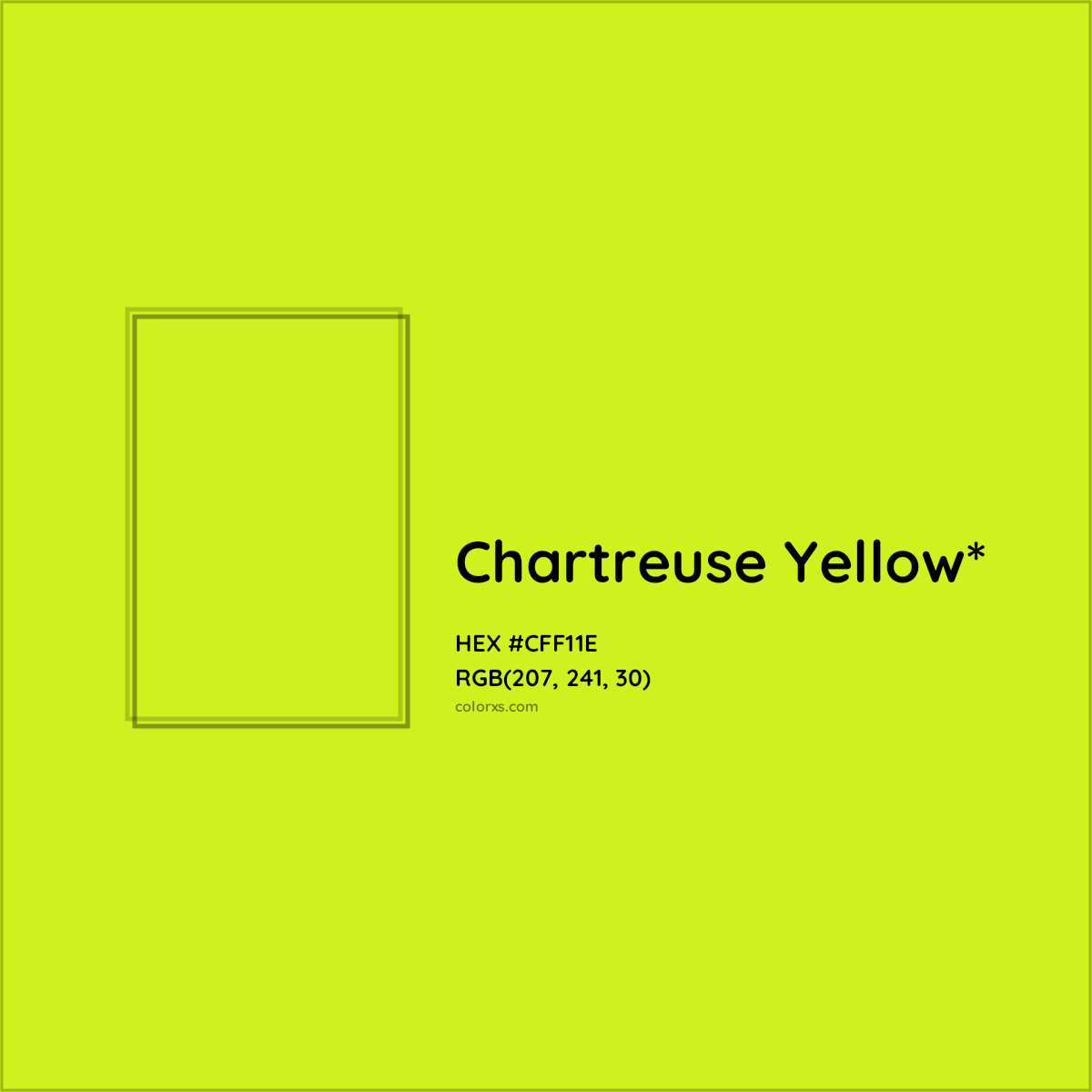 #CFF11E hex color. RGB, RYB, CMYK, HSL, HSV codes and color conversions. Matching color names, palettes, paints.
