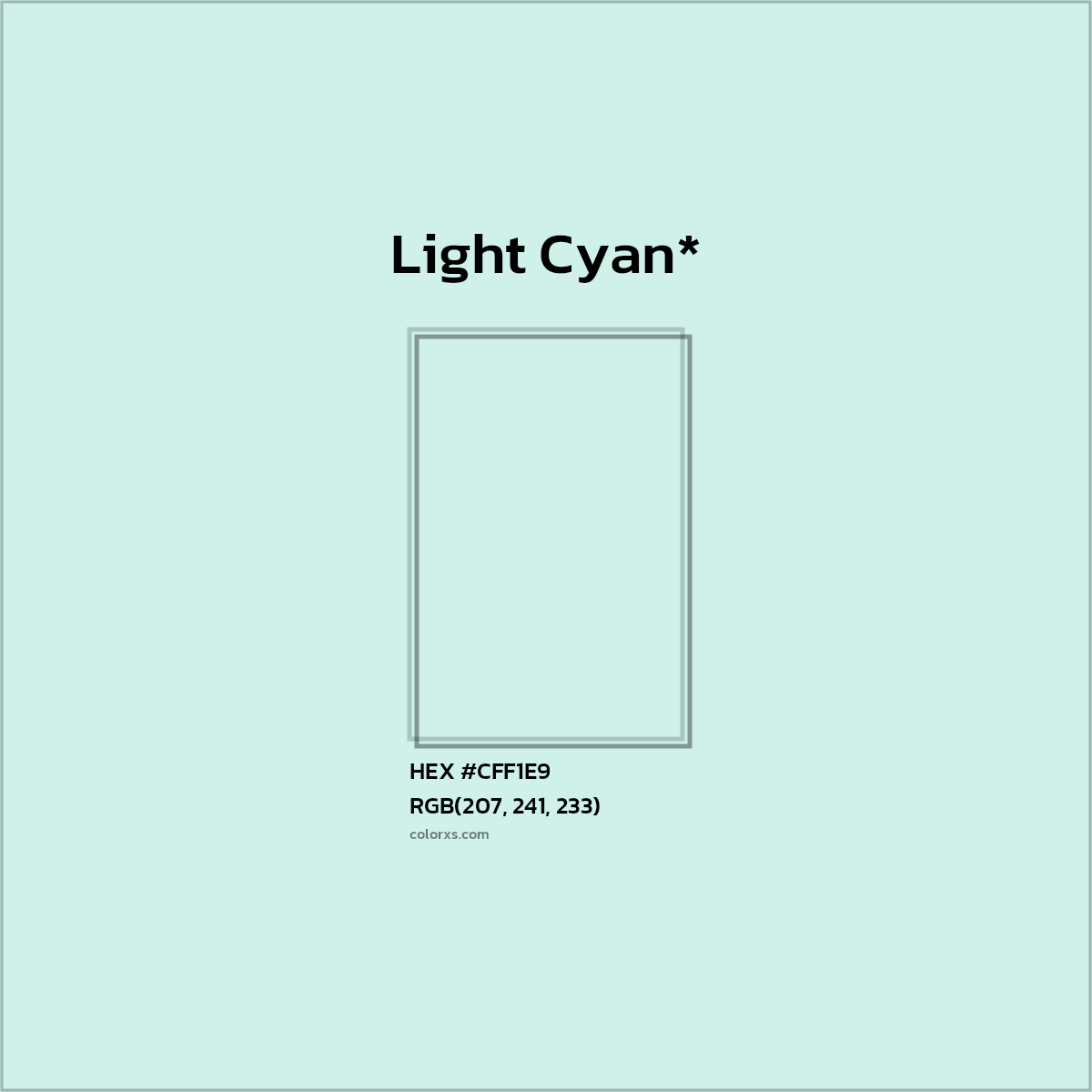 #CFF1E9 hex color. RGB, RYB, CMYK, HSL, HSV codes and color conversions. Matching color names, palettes, paints.