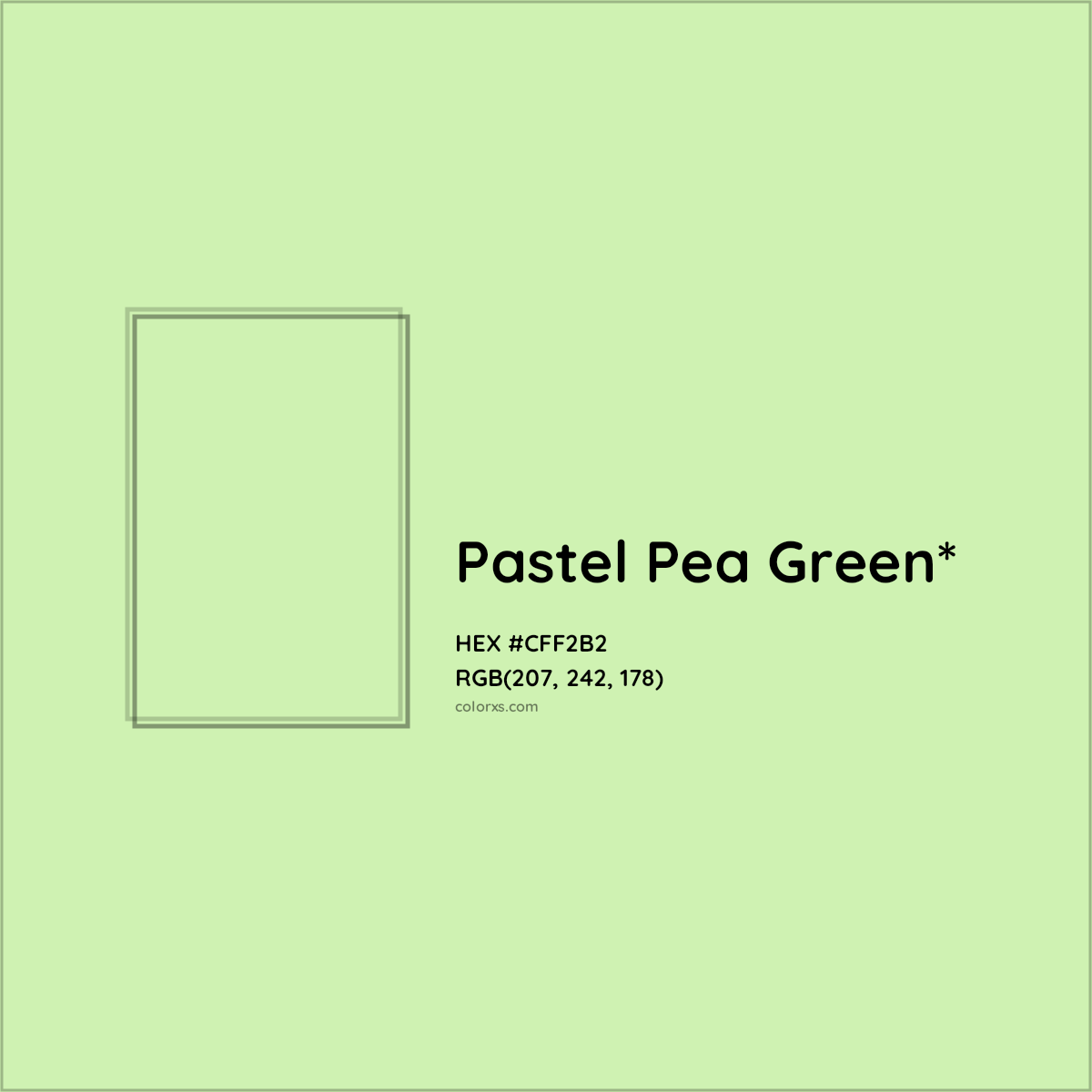 #CFF2B2 hex color. RGB, RYB, CMYK, HSL, HSV codes and color conversions. Matching color names, palettes, paints.