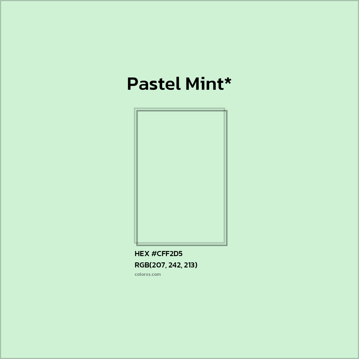 #CFF2D5 hex color. RGB, RYB, CMYK, HSL, HSV codes and color conversions. Matching color names, palettes, paints.