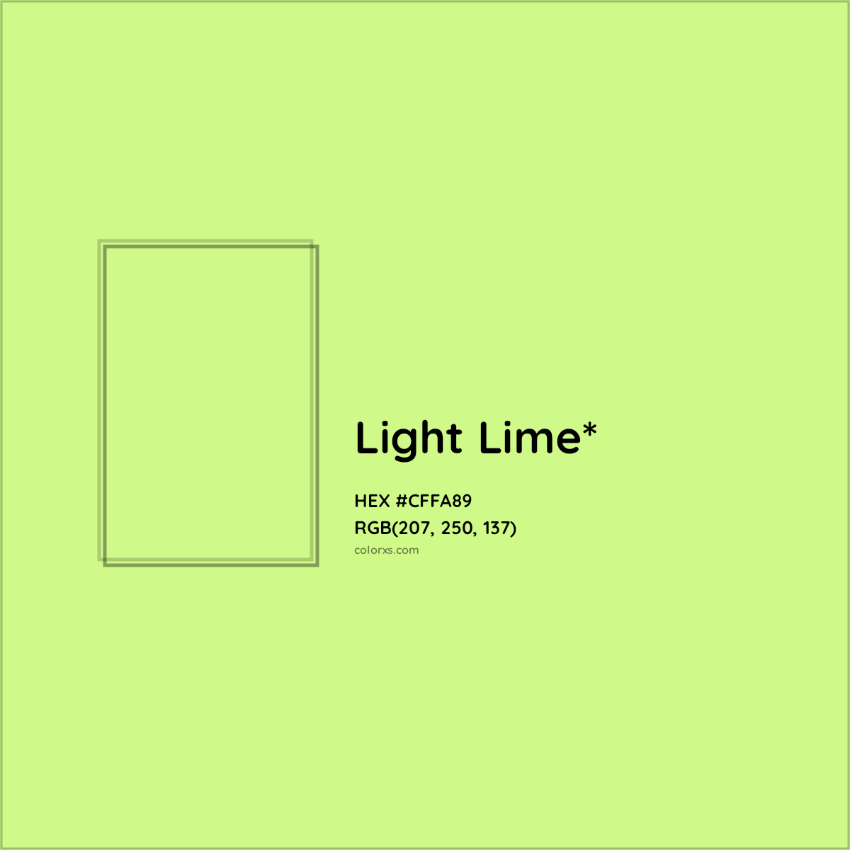 #CFFA89 hex color. RGB, RYB, CMYK, HSL, HSV codes and color conversions. Matching color names, palettes, paints.