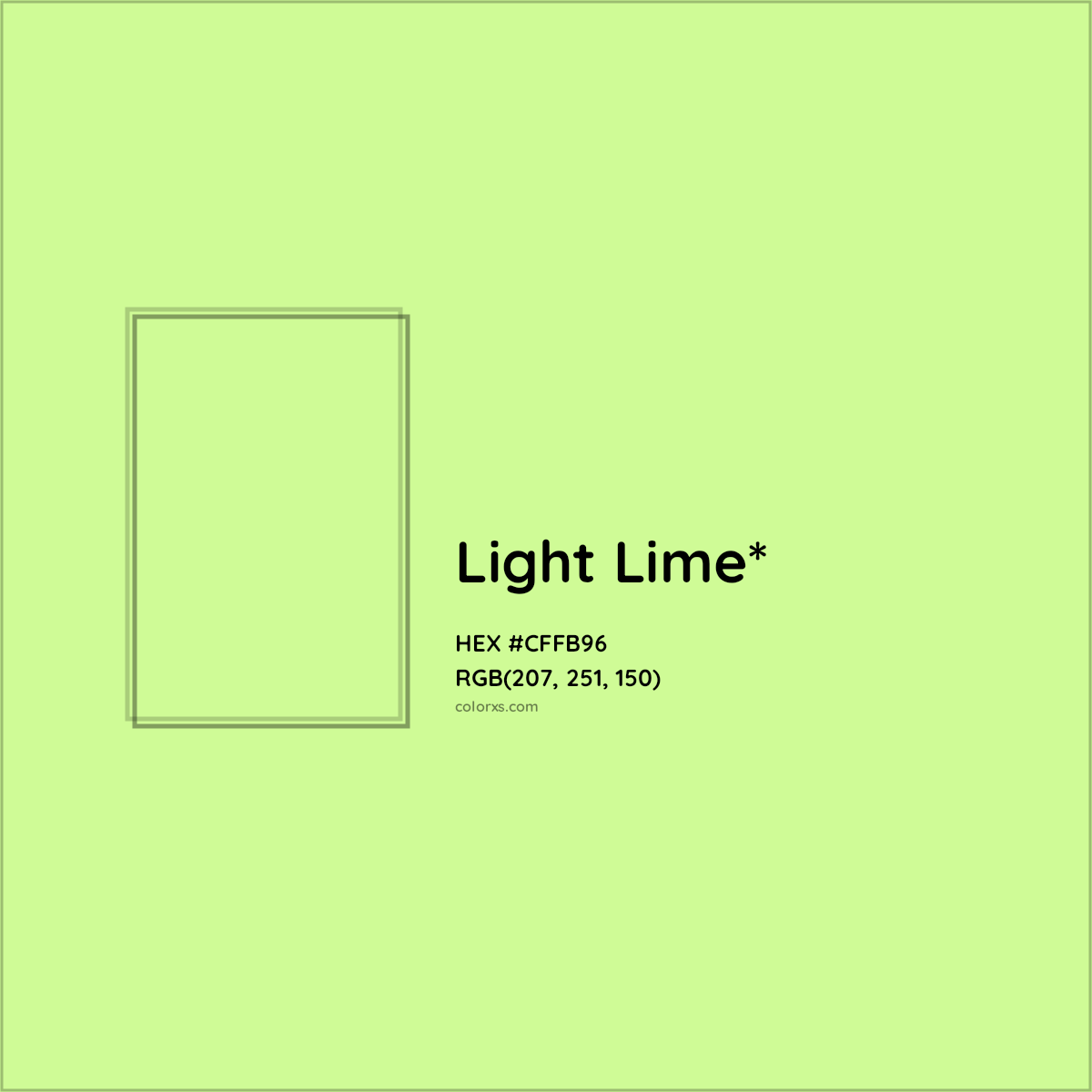 #CFFB96 hex color. RGB, RYB, CMYK, HSL, HSV codes and color conversions. Matching color names, palettes, paints.