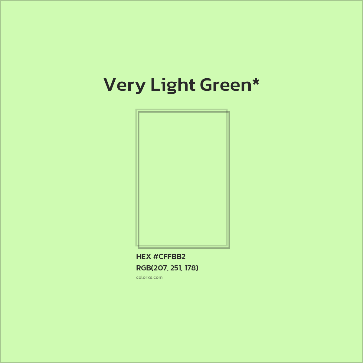 #CFFBB2 hex color. RGB, RYB, CMYK, HSL, HSV codes and color conversions. Matching color names, palettes, paints.