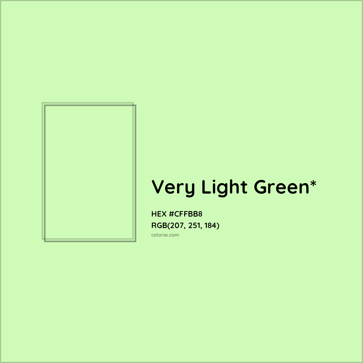 #CFFBB8 hex color. RGB, RYB, CMYK, HSL, HSV codes and color conversions. Matching color names, palettes, paints.