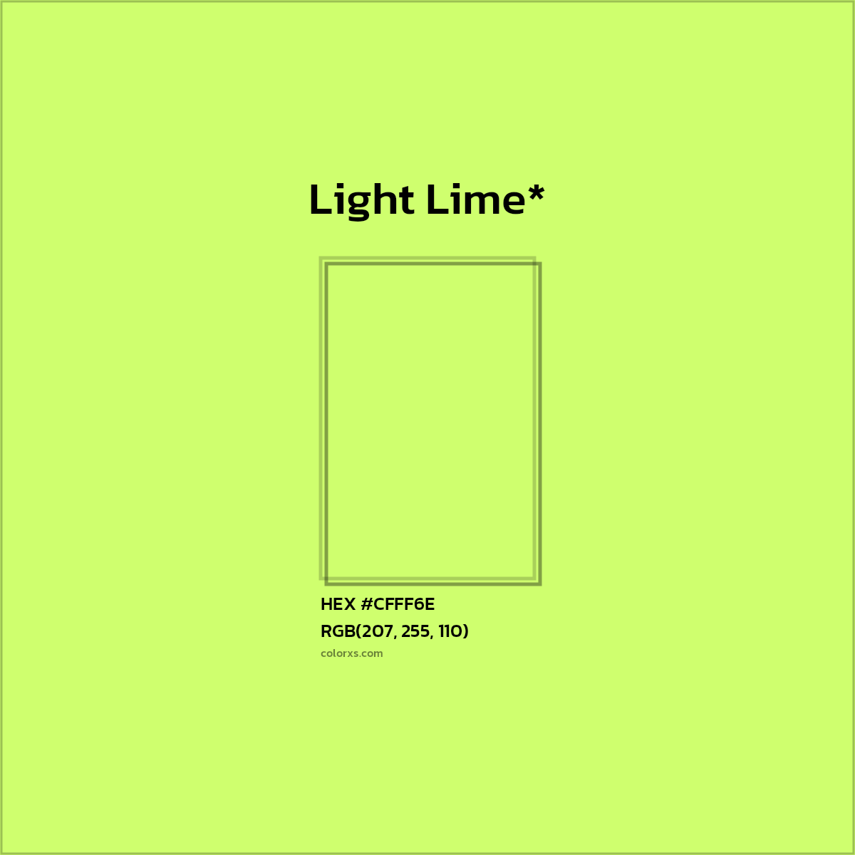#CFFF6E hex color. RGB, RYB, CMYK, HSL, HSV codes and color conversions. Matching color names, palettes, paints.