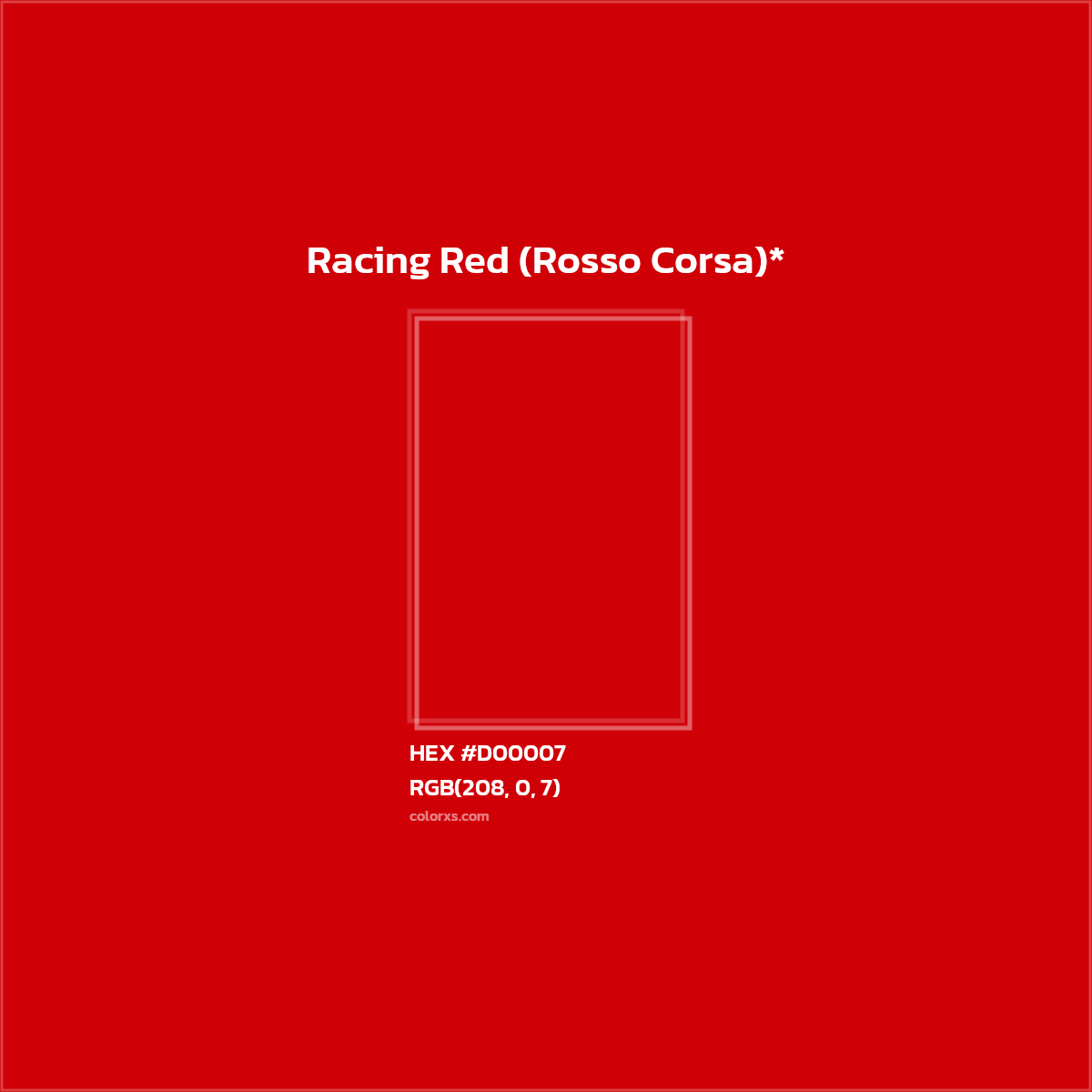 #D00007 hex color. RGB, RYB, CMYK, HSL, HSV codes and color conversions. Matching color names, palettes, paints.