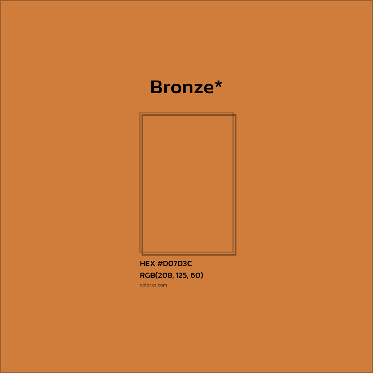 #D07D3C hex color. RGB, RYB, CMYK, HSL, HSV codes and color conversions. Matching color names, palettes, paints.