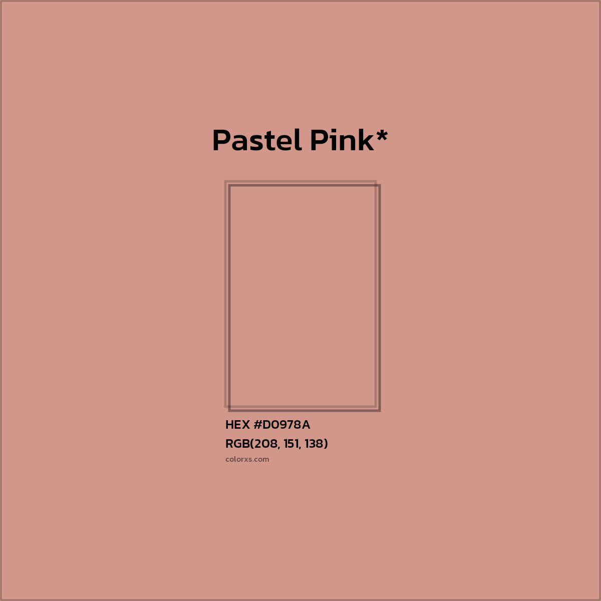 #D0978A hex color. RGB, RYB, CMYK, HSL, HSV codes and color conversions. Matching color names, palettes, paints.