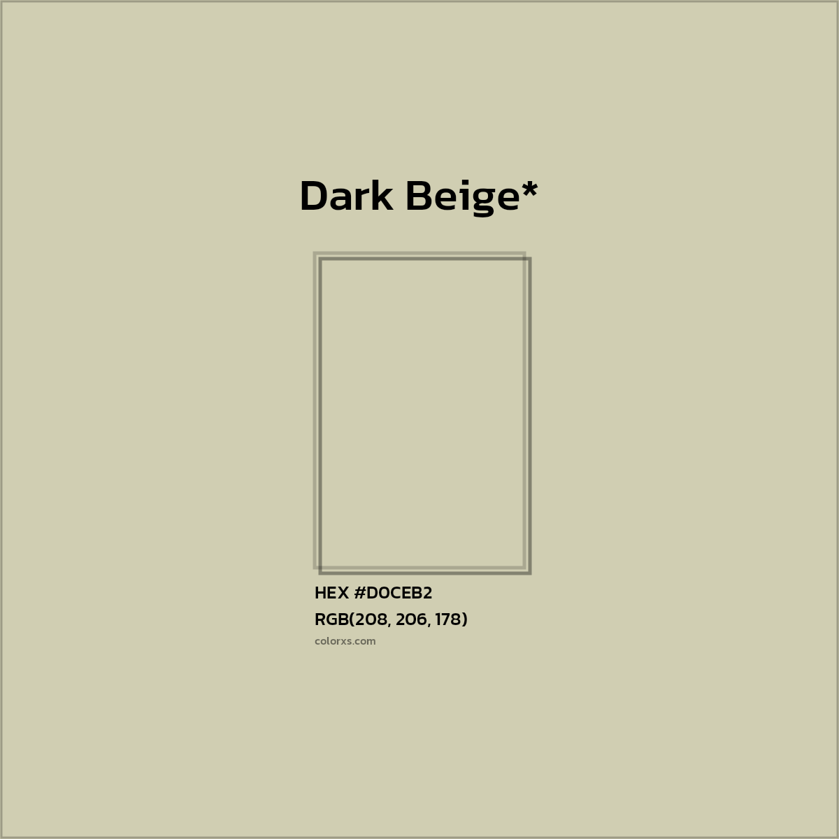 #D0CEB2 hex color. RGB, RYB, CMYK, HSL, HSV codes and color conversions. Matching color names, palettes, paints.
