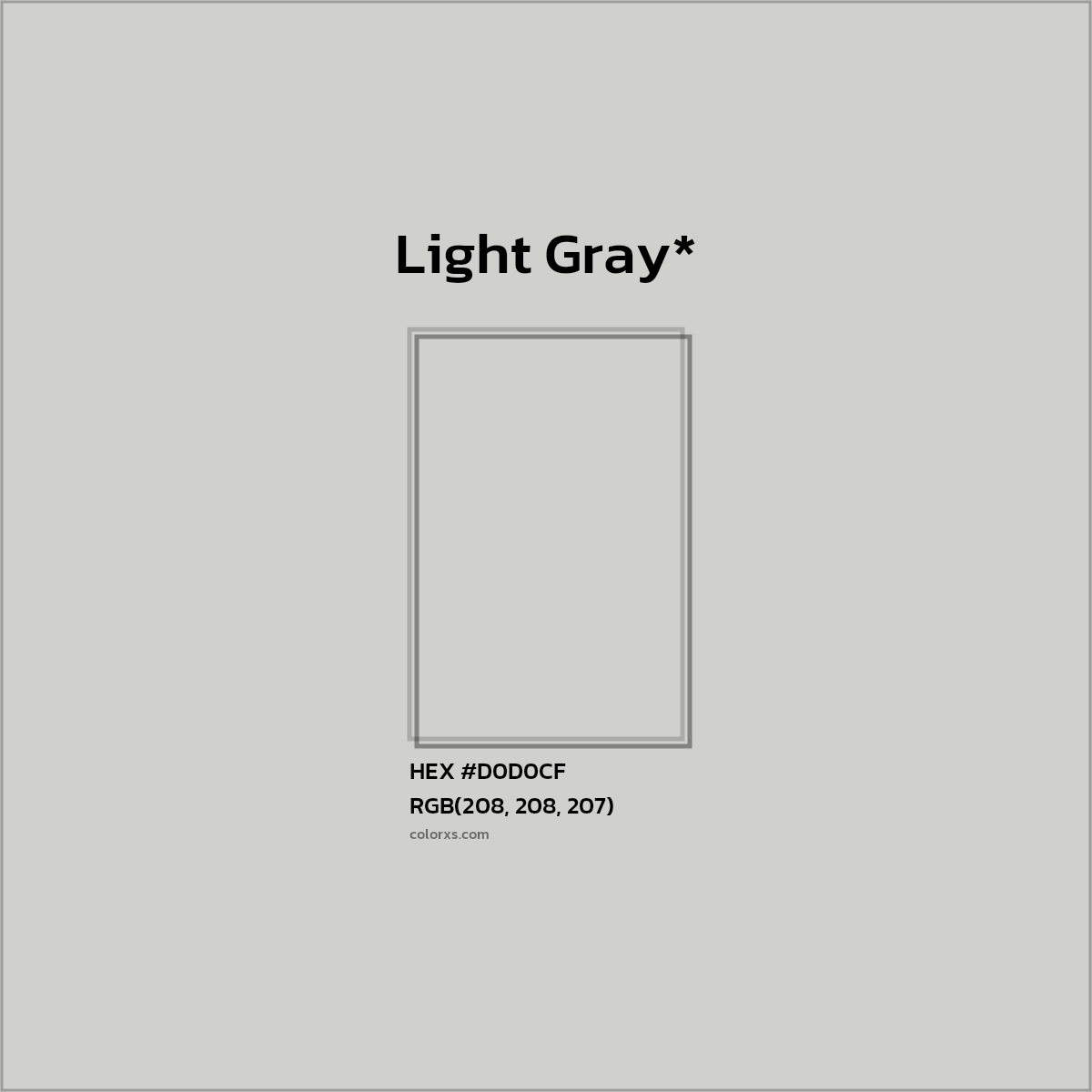 #D0D0CF hex color. RGB, RYB, CMYK, HSL, HSV codes and color conversions. Matching color names, palettes, paints.